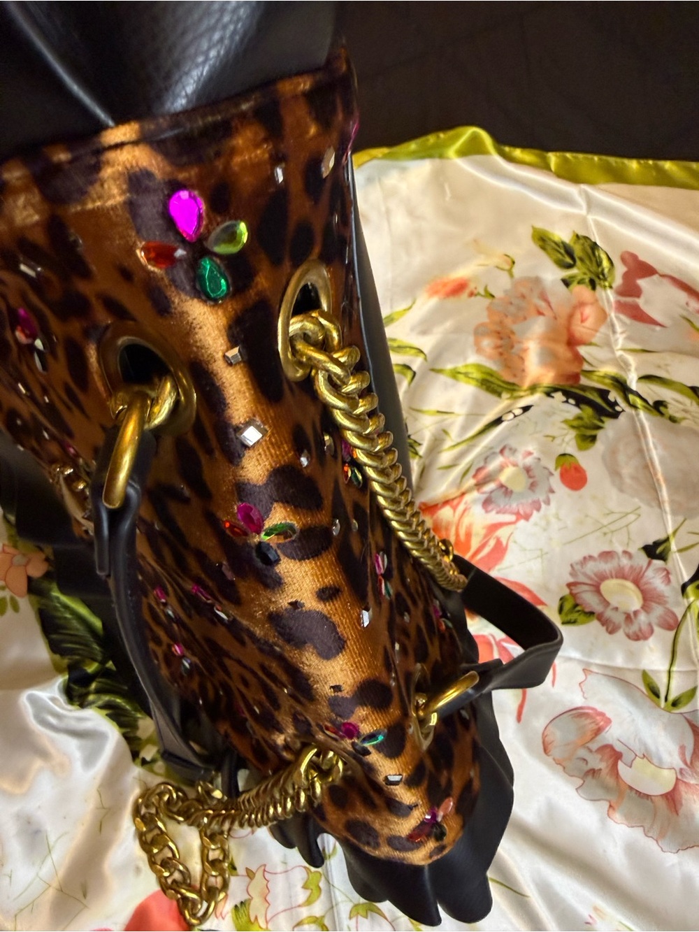 Betsey Johnson Leopard Rhinestone Ruffle Chain Shoulder Bag - Picture 12 of 15